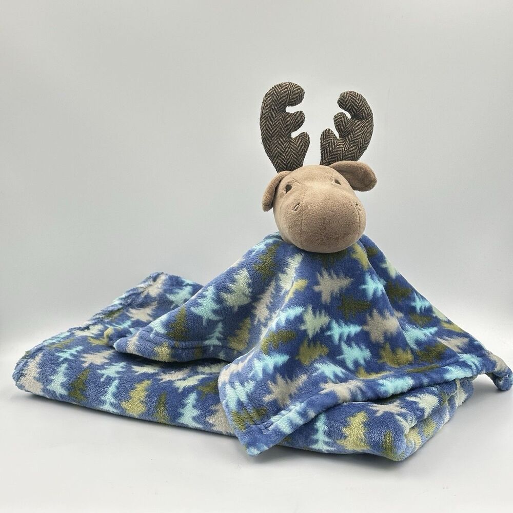 Hudson Baby Moose Lovey HB Stuffed Animal Plush & Blanket Blue Green Trees